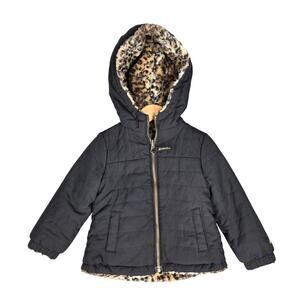 LONDON FOG TODDLER GIRLS 2T WINTER JACKET GRAY LEOPARD FAUX FUR HOODED